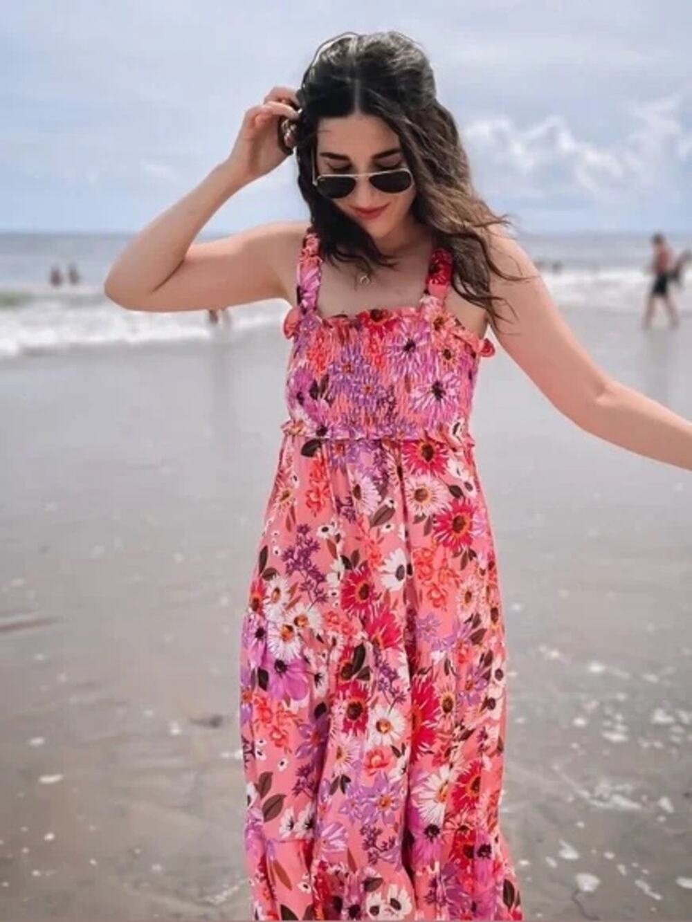 Rachel Parcell Pink Floral Midi  Dress Size 4 Smocked Summer Beach Vacation